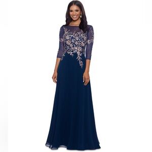 Betsy Adam Navy Gown with Embroidered Details Sz 6